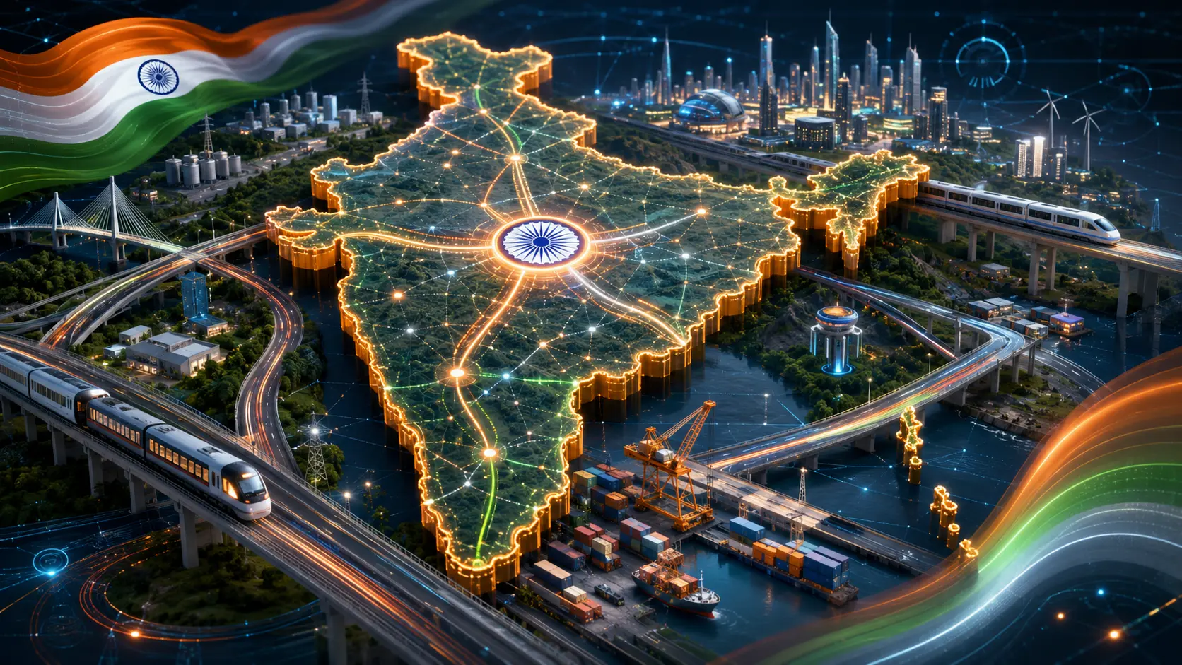 Three-dimensional map of India showing high-speed rail lines, expressways and coastal ports lit up as connected corridors