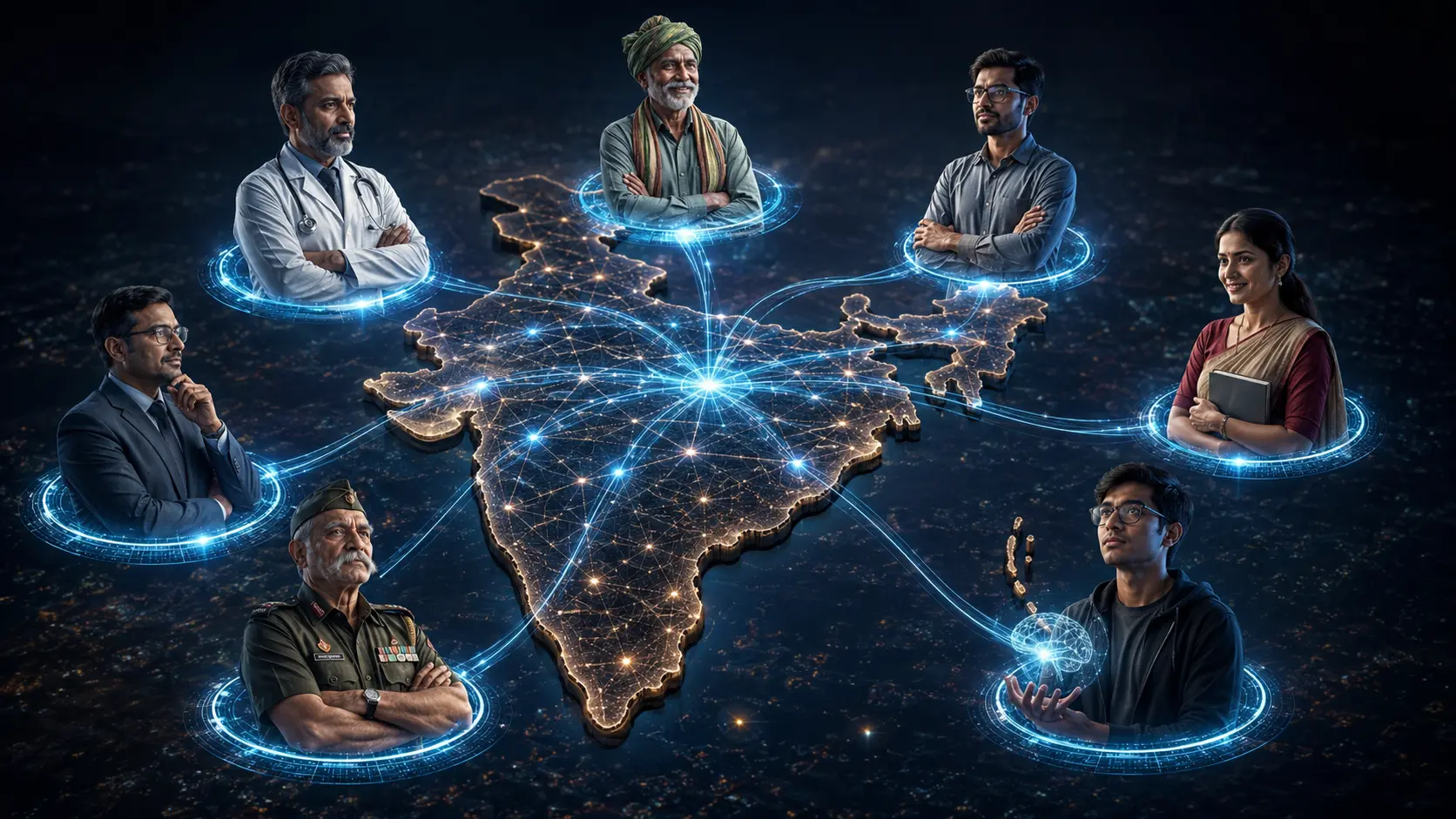 Portraits of Indian doctors, engineers, farmers and soldiers connected by beams of light across a map of Bharat