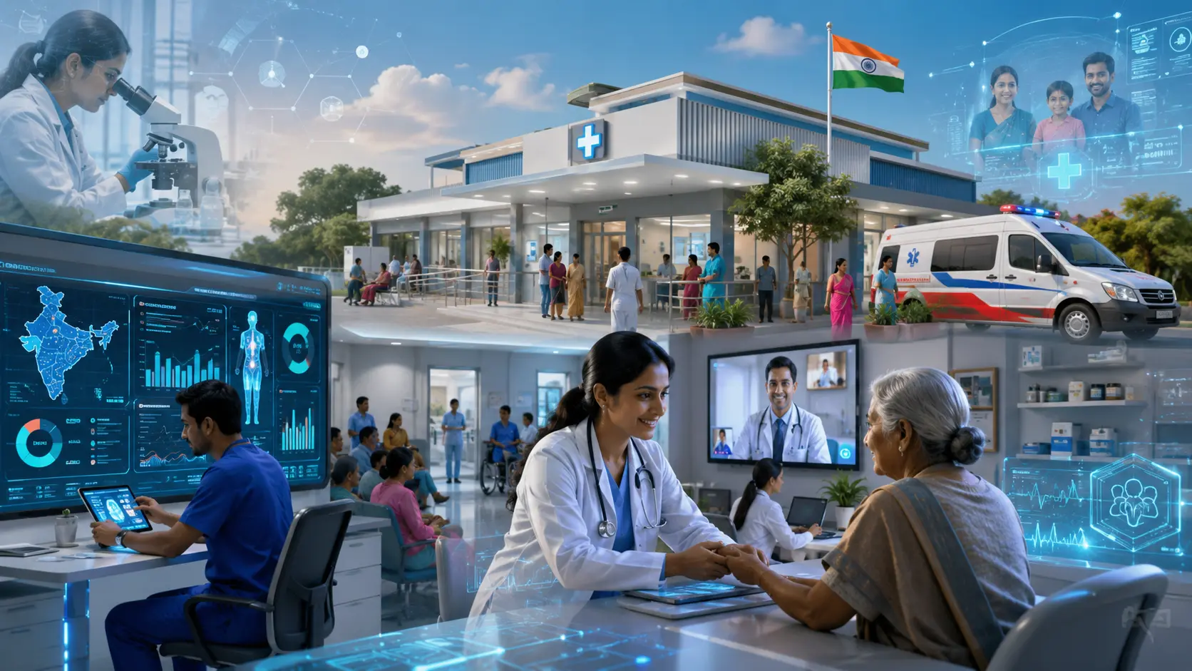 Digitally connected Indian hospital with telemedicine, diagnostics and national health dashboards