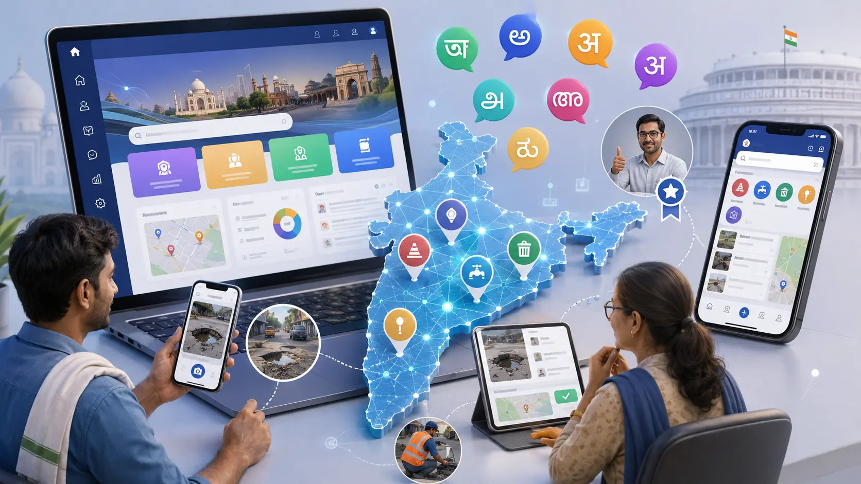 Citizens using mobile phones to report potholes, water and electricity problems on a multilingual map interface
