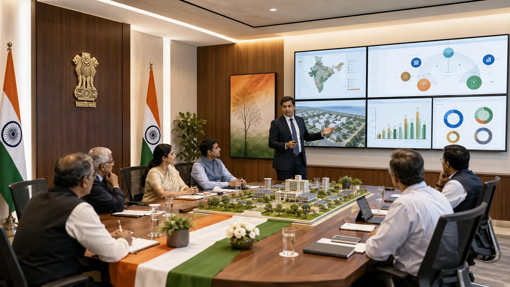 Experts from multiple disciplines meeting around a council table