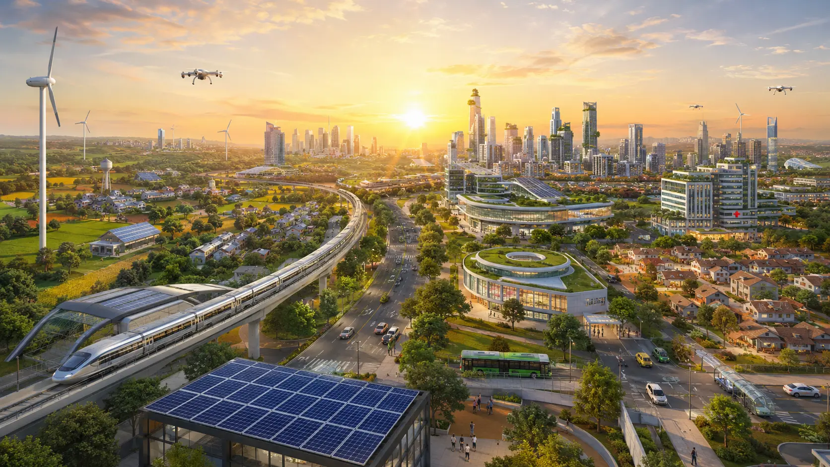 Sunrise over a green Indian city with rooftop solar panels, an elevated monorail and delivery drones overhead
