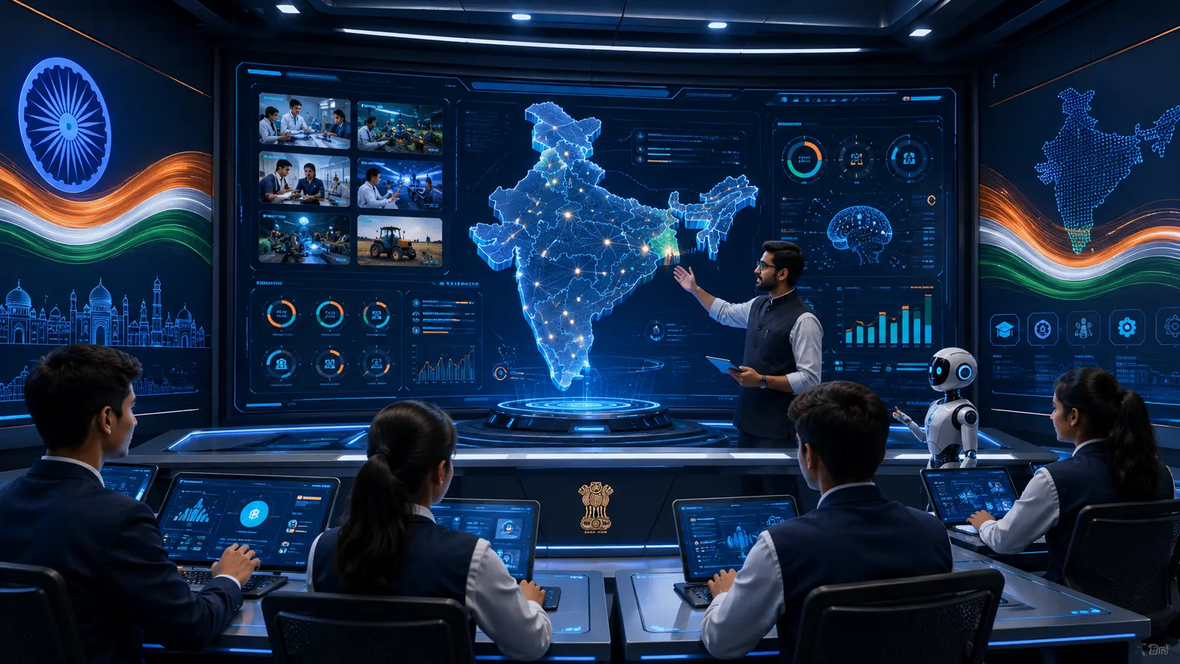 Students in a high-technology classroom interacting with a large digital wall of national development data