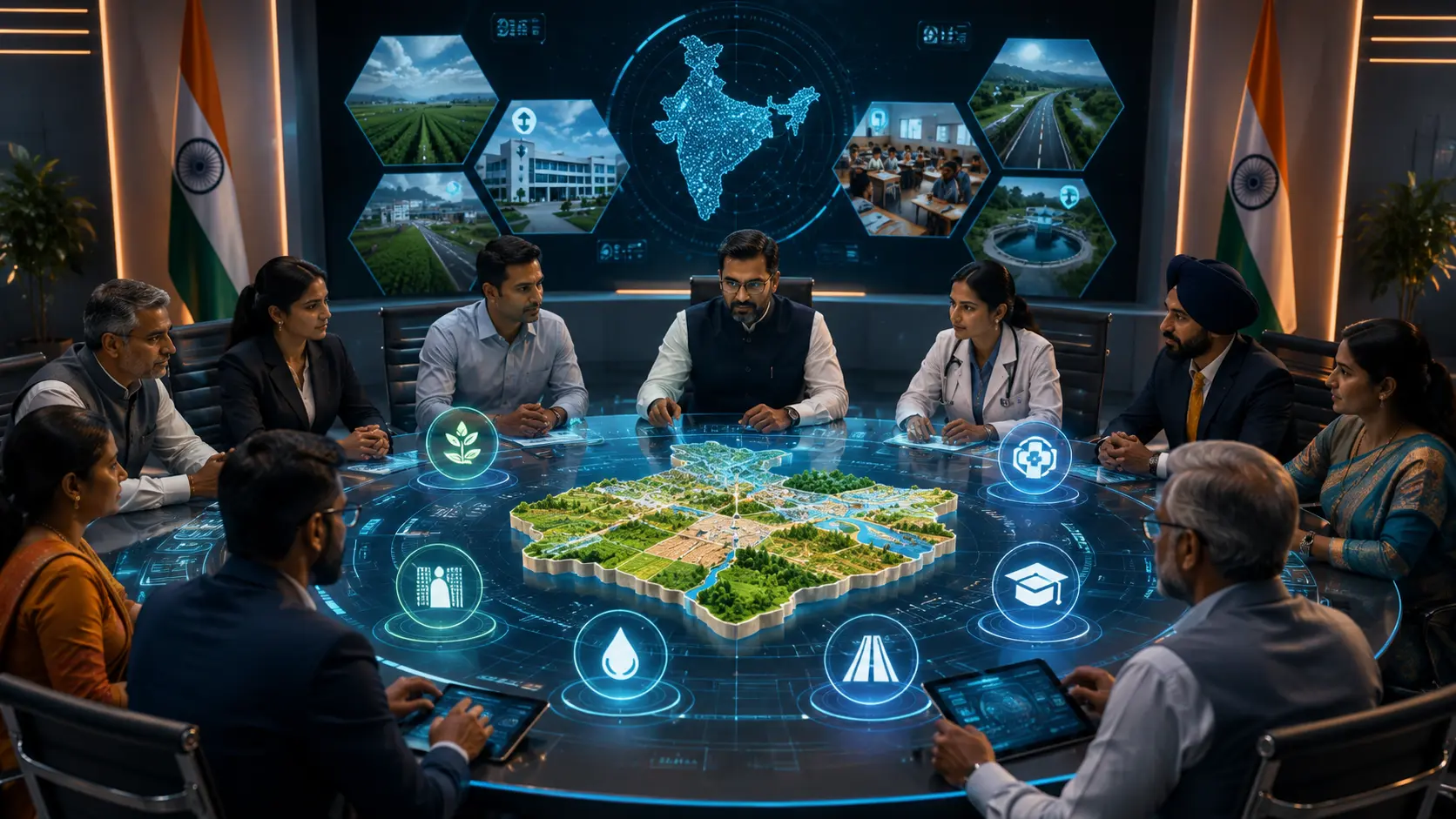 Panel of Indian specialists seated around a holographic table reviewing a three-dimensional model of a development project