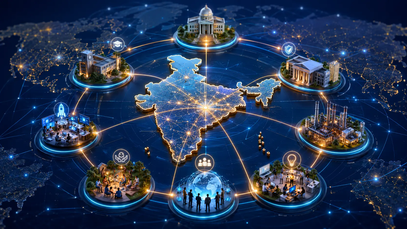 Network of Indian institutions, universities, industry and communities connected around a national map