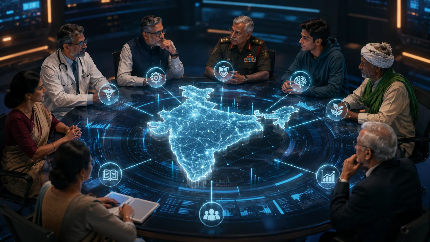 Expert council members from many fields around a holographic map of India