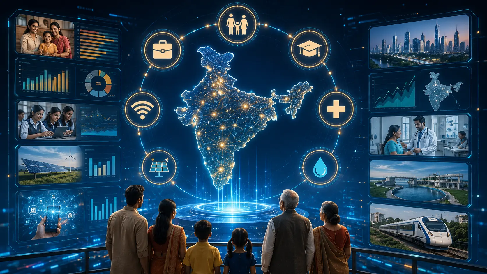 Citizens viewing a national services wall showing livelihood, education, health, water, energy and connectivity data across India