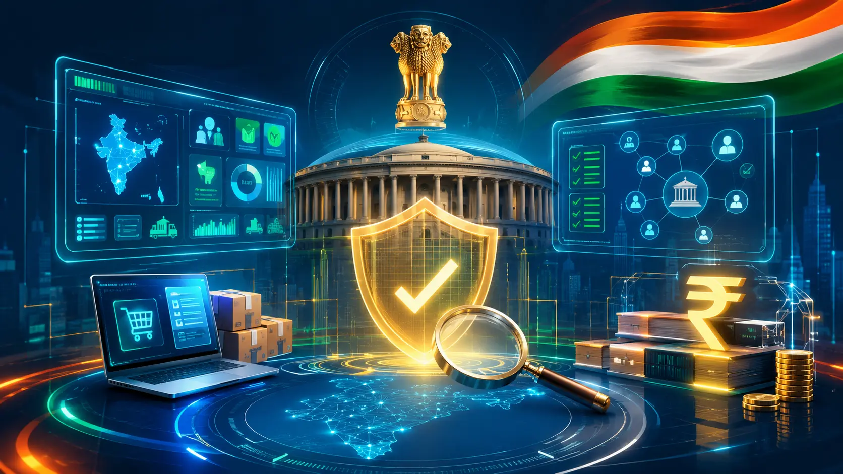 Golden shield bearing a checkmark standing before the Indian Parliament building beside an analytics dashboard