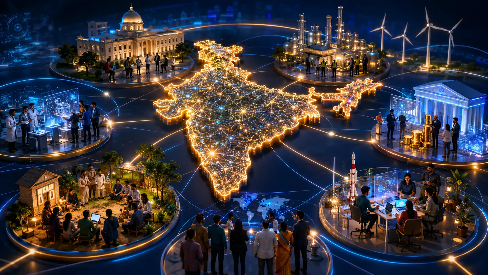 A glowing map of India with illuminated nodes linking villages, districts, states and the national headquarters of the India NDA network