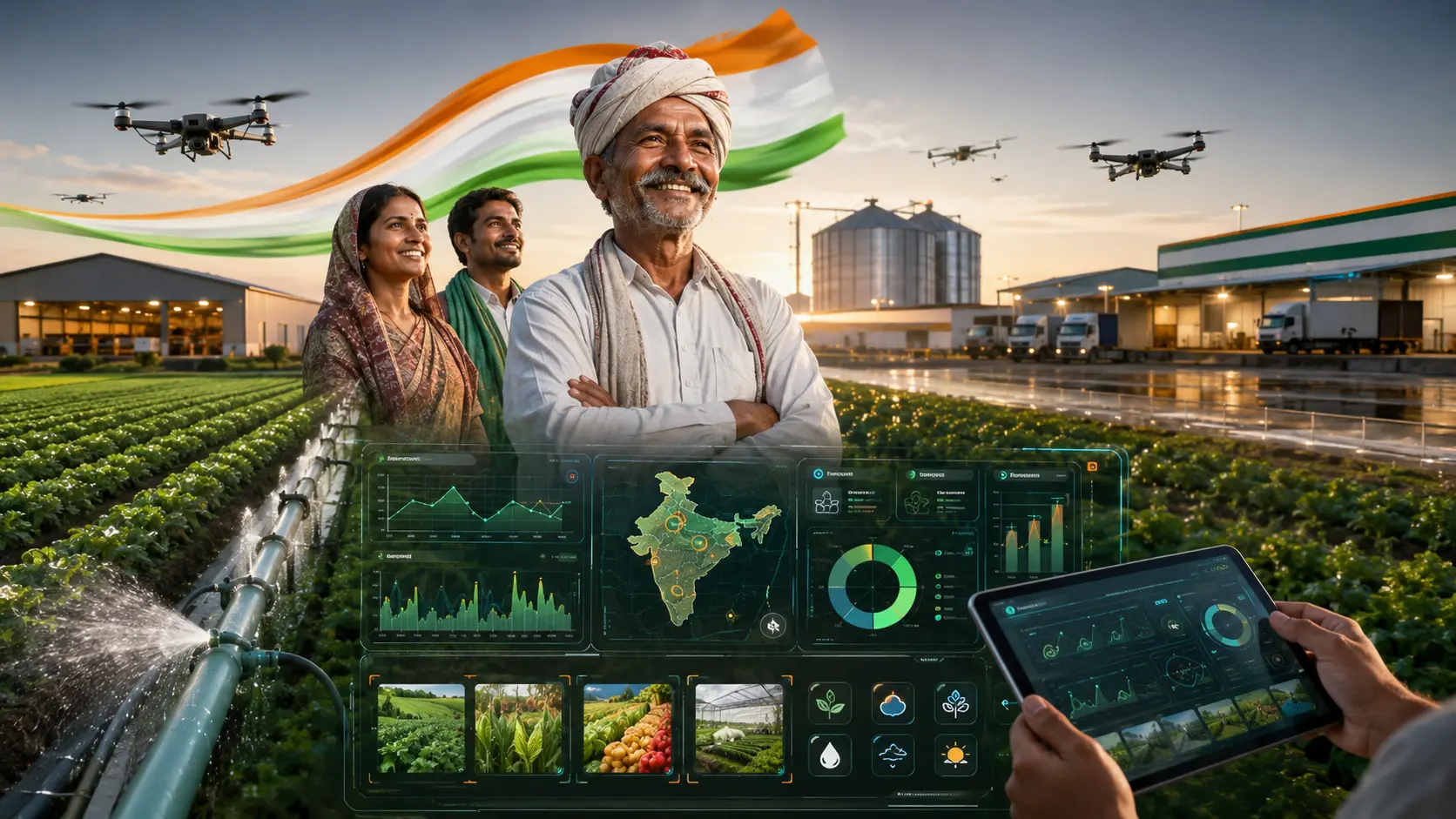 Indian farmers standing in a green field using a tablet to manage smart irrigation and crop monitoring