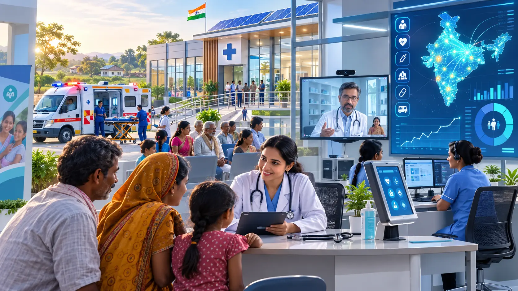 Solar-powered rural health clinic where a doctor consults a mother and child over a tele-health video link